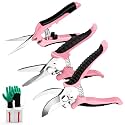 3 Packs Garden Pruning Shears Stainless Steel Blades Handheld Pruners Set with Gardening Gloves(Pink)