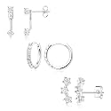 3 Pairs Dainty Small Earrings Set for Women Trendy, Birthstone Stud Huggie Hoop Jacket Stack for Cartilage Helix, Gold Plated Hypoallergenic Cute Women Fashion Accessories Western Jewelry Gifts