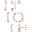 3 Pairs Dainty Small Earrings Set for Women Trendy, Birthstone Stud Huggie Hoop Jacket Stack for Cartilage Helix, Gold Plated Hypoallergenic Cute Women Fashion Accessories Western Jewelry Gifts