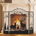 3-Panel Fireplace Screen, Deer Pattern Fire Guard, Rustic, 50" x 36"