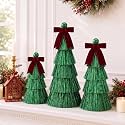 3 Pcs Green Christmas Tinsel Cone Tree Tabletop Decoration with Velvet Bow