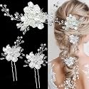 3 PCS Large Flower Bridal Wedding Hair Pins Crystal Pearl Hair Clips Headpiece Bride Hair Accessories Jewelry with Rhinestone, Glitter Emboss White Flower