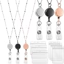 3 Pcs Retractable Beaded Lanyard with 6 ID Holder, Rose Gold, Black, Silver