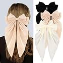 3 PCS Silky Satin Hair Bows, Oversized Long Tail Bows with Barrette Clips, Coquette Hair Accessories for Women and Girls (Black - Cream Kaki - Beige)