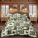 3 Piece Cabin Full/Queen Quilt Sets Farmhouse Rustic Reversible Microfiber Soft Lightweight Bedspread Comforter with 2 Shams Patchwork Country Lodge Bedding Quilts Set for All Season, 90''x96'', Green