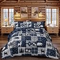 3 Piece Cabin Full/Queen Quilt Sets Farmhouse Rustic Reversible Microfiber Soft Lightweight Bedspread Comforter with 2 Shams Patchwork Country Lodge Bedding Quilts Set for All Season, 90''x96'', Blue