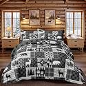 3 Piece Cabin King Size Quilt Sets Farmhouse Rustic Reversible Microfiber Soft Lightweight Bedspread Comforter with 2 Shams Patchwork Country Lodge Bedding Quilts Set for All Season, 106''x96'', Grey