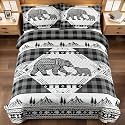 3 Piece Cabin Full/Queen Quilt Sets Farmhouse Rustic Reversible Microfiber Soft Lightweight Bedspread Comforter with 2 Shams Patchwork Country Lodge Bedding Quilts Set for All Season, 90''x96'' , Grey