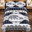 3 Piece Cabin King Size Quilt Sets Farmhouse Rustic Reversible Microfiber Soft Lightweight Bedspread Comforter with 2 Shams Patchwork Country Lodge Bedding Quilts Set for All Season, 106''x96'', Blue