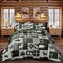 3 Piece Cabin King Size Quilt Sets Farmhouse Rustic Reversible Microfiber Soft Lightweight Bedspread Comforter with 2 Shams Patchwork Country Lodge Bedding Quilts Set for All Season, 106''x96'', Green
