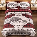 3 Piece Cabin Full/Queen Quilt Sets Christmas Rustic Reversible Microfiber Soft Lightweight Farmhouse Bedspread Comforter with 2 Shams Patchwork Country Lodge Bedding for All Season, 90''x96'', Red