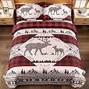 3 Piece Cabin King Size Quilt Sets Christmas Rustic Reversible Microfiber Soft Lightweight Farmhouse Bedspread Comforter with 2 Shams Patchwork Country Lodge Bedding for All Season, 106''x96'', Red