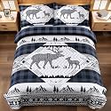 3 Piece Cabin King Size Quilt Sets Farmhouse Rustic Reversible Microfiber Soft Lightweight Bedspread Comforter with 2 Shams Patchwork Country Lodge Bedding Quilts Set for All Season, 106''x96'', Blue