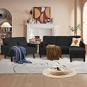 3 Piece Corduroy Sofa Set with Storage Ottoman &amp; Loveseat, L Shaped Sectional Couch with Side Pockets, Convertible Living Room Furniture Set for Small Space, Black