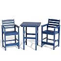 3-Piece Outdoor Bistro Bar Set, HDPE Bar Height Table &amp; Chairs, Blue