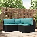 3-Piece Outdoor Sectional Sofa Set Black Water Blue, Modern Square PE Rattan Furniture with Removable Cushions, Weather-Resistant Patio Lounge Set for Poolside Balcony Yard,