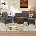 3 Piece Sofa Set for Living Room, 3 Seat & Armchair & Ottoman, Sectional Living Room Furniture Set, Corduroy Couch Sets with Side Pockets, Dark Grey