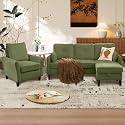 3 Piece Sofa Set for Living Room, 3 Seat & Armchair & Ottoman, Sectional Living Room Furniture Set, Corduroy Couch Sets with Side Pockets, Green