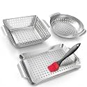 3 Piece Stainless Steel Grill Basket Set with Basting Brush, Heavy Duty Small Vegetable Grill Basket for Outdoor Grill - Perforated Compact BBQ Grill Pan & Wok Accessories for Gas, Charcoal, Veggies
