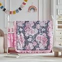 3 Pieces Flowers Mini Crib Bedding Set Baby Ruffled Quilted Comforter with Fitted Sheet and Bed Skirt - Cute Ruffled Shabby Chic Baby Bedding Soft Gray Pink Rose Floral Design