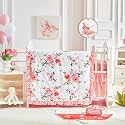 3 Pieces Flowers Crib Bedding Set Baby Ruffled Quilted Comforter with Fitted Sheet and Bed Skirt - Cute Ruffled Shabby Chic Baby Bedding Soft Blanket Floral Design