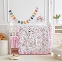 3 Pieces Pink Rose Flowers Mini Crib Bedding Set Baby Ruffled Quilted Comforter with Fitted Sheet and Bed Skirt - Cute Ruffled Shabby Chic Baby Girls Bedding Soft Blanket Floral Design