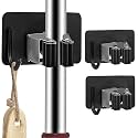 SITTELLA® 3 Pieces Stainless Steel 1 Rack with 1 Hook Heavy Duty Wall Mounted Broom and Mop Stick Holder, Hanging Tools for Home Kitchen Garden Laundry Garage (Black)