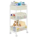 3-Tier Baby Diaper Caddy Cart Organizer,Mobile Nursery Storage Carts with Wheels,With 2 Dividers&amp;14 Mesh Pockets Durable Metal Utility Cart for Nursery, Bedroom, Bathroom, Baby Essentials Organization