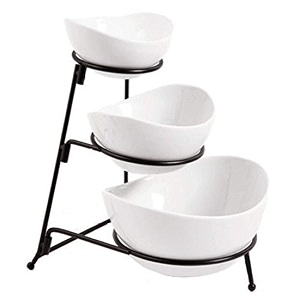 3 tier oval bowl set with metal rack white party food server display set - tiered serving stand - three ceramic fruit bowl serving - dessert appetizer cake candy chip dip