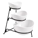 3 Tier Oval Bowl Set with Metal Rack, White Party Food Server Display Set - Tiered Serving Stand - Three Ceramic Fruit Bowl Serving - Dessert Appetizer Cake Candy Chip Dip