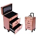 3-Tier Rolling Makeup Train Case with 2 Drawers, Professional Nail Polish Cosmetic Organizer Traveling Cart with 50 Small Compartments,Portable Makeup Trolley Cart,Lockable (Gold)