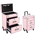 3-Tier Rolling Makeup Train Case with 2 Drawers, Pink Nail Polish Cosmetic Organizer Traveling Cart with 50 Small Compartments,Portable Makeup Trolley Cart,Lockable (Pink)