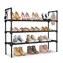LANTEFUL 3 Tier Shoe Rack for Closet, Shoe Organizer with 5 Hooks, Long Shoe Shelf Storage for Sneaker and Boot Stackable Free Standing Shoe Rack for Entryway, Garage, Small Spaces, Dorm