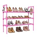 LANTEFUL 3 Tier Shoe Rack for Closet, Shoe Organizer with 5 Hooks, Long Shoe Shelf Storage for Shoe and Boot Stackable Free Standing Shoe Rack for Entryway, Garage, Small Spaces, Dorm, Pink