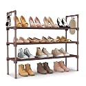 LANTEFUL 3 Tier Shoe Rack for Closet Shoe Organizer with 5 Hooks, Long Shoe Shelf Storage for Shoe and Boot Stackable Free Standing Shoe Rack for Entryway, Garage, Small Spaces, Dorm, Brown