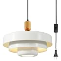 3-Tier White Plug-in Swag Pendant Light, 13.8 Inch Mid Century Wood Adjustable Hanging Lamp, On/Off Switch Plug in Ceiling Light Fixture for Breakfast Nook Reading Nook