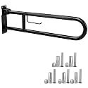 30.3 Inch Toilet Grab Bar, HUAS Black Anti Slip Bathroom Toilet Safety Rails, U Shaped Flip-Up Handicap Grab Bars w/Paper Holder, Stainless Steel Support Handrail for Elderly Disabled Senior