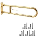 30.3 Inch Toilet Grab Bar, HUAS Gold Anti Slip Bathroom Toilet Safety Rails, U Shaped Flip-Up Handicap Grab Bars w/Paper Holder, Stainless Steel Support Handrail for Elderly Disabled Senior