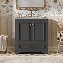30" Bathroom Dressing Table with Ceramic Sink Set, Solid Wood Storage Cabinet, Luxury Double Doors and Drawers, Bathroom Corridor (Black)