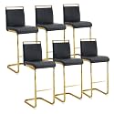 30'' Counter Height Bar Stools Set of 6, Modern Upholstered PU Leather Bar Stools with Back Chrome Plated Metal Frame, 30 inch Armless Bar Chairs for Kitchen Island (Black+Gold, Set of 6)