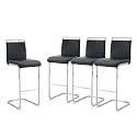 30'' Counter Height Bar Stools Set of 4, Modern Upholstered PU Leather BarStools with Back Chrome Plated Metal Frame, 30 inch Armless Bar Chairs for Kitchen Island (Black+Silver, Set of 4)