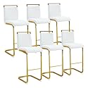 30'' Counter Height Bar Stools Set of 6, Modern Upholstered PU Leather Bar Stools with Back Chrome Plated Metal Frame, 30 inch Armless Bar Chairs for Kitchen Island (White+Gold, Set of 6)