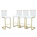 30'' Counter Height Bar Stools Set of 4, Modern Upholstered PU Leather BarStools with Back Chrome Plated Metal Frame, 30 inch Armless Bar Chairs for Kitchen Island (White+Gold, Set of 4)