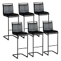 30'' Counter Height Bar Stools Set of 6, Modern Upholstered PU Leather Bar Stools with Back Chrome Plated Metal Frame, 30 inch Armless Bar Chairs for Kitchen Island (Black+Black, Set of 6)