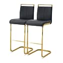 30'' Counter Height Bar Stools Set of 2, Modern Upholstered PU Leather Bar Stools with Back Chrome Plated Metal Frame, 30 inch Armless Bar Chairs for Kitchen Island (Black+Gold, Set of 2)