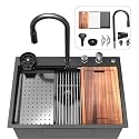30 inch Waterfall Kitchen Sink Metal Black -Feibus 30x22x10 Drop In Sink with Faucet Combo Double Step Workstation 16 Gauge Multifunctional Stainless Steel Single Bowl