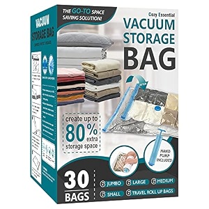 30 pack vacuum storage bags space saver bags 6 jumbo6 large6 medium6 small6 roll compression storage bags for comforters and blankets vacuum sealer bags for clothes storage hand pump included