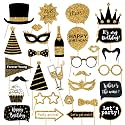 30 Pcs Gold and Black Birthday Photo Booth Props Kit, Happy Birthday Decorations, Funny Selfie Photo Props for 40th 50th 60th Birthday Graduation Wedding Party Supplies