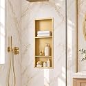 30 x 12 Inch Stainless Steel Shower Niche, No Tile Needed Wall Niche with 3- Tier Shelves, Recessed Wall Niche Insert for Bathroom Shower Kitchen Storage, Brush Gold