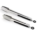 304 Stainless Steel Kitchen Cooking Tongs, 9" and 12" Set of 2 Sturdy Grilling Barbeque Brushed Locking Food Tongs with Ergonomic Grip, Black